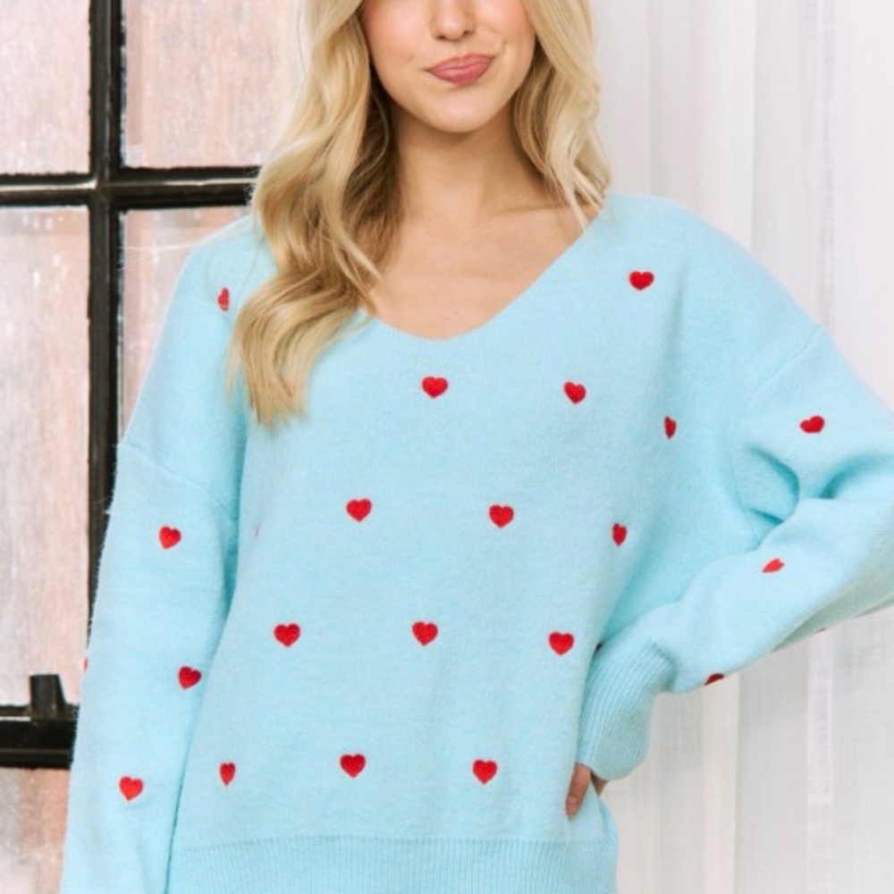 Light Blue Heart Pattern V-Neck Sweater